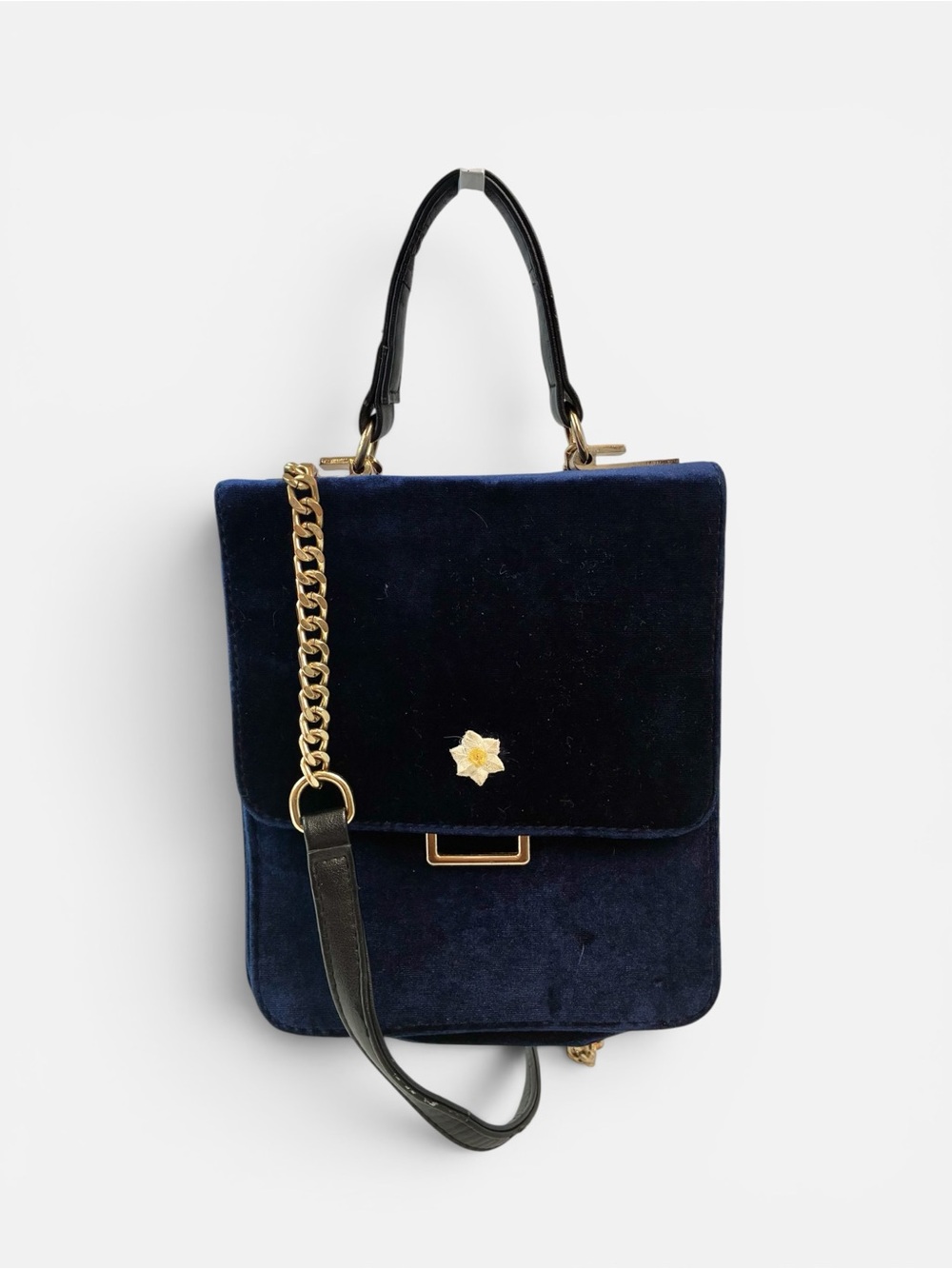 Zara Navy Velvet Top-Handle Crossbody Bag with Gold Accent